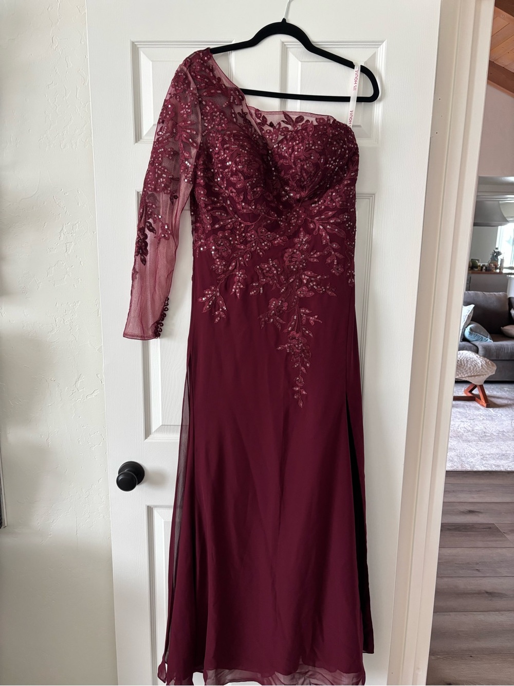 JJs House One-Shoulder Burgundy Evening Gown with Beaded Appliqué